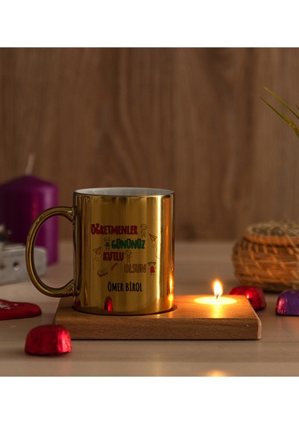 Kişiye Özel Öğretmenler Günü Ahşap Altlıklı Mumlu Gold Kupa Bardak modelleri