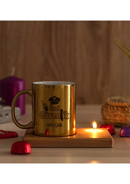 Kişiye Özel Özel Güvenlik Ahşap Altlıklı Mumlu Gold Kupa Bardak modelleri