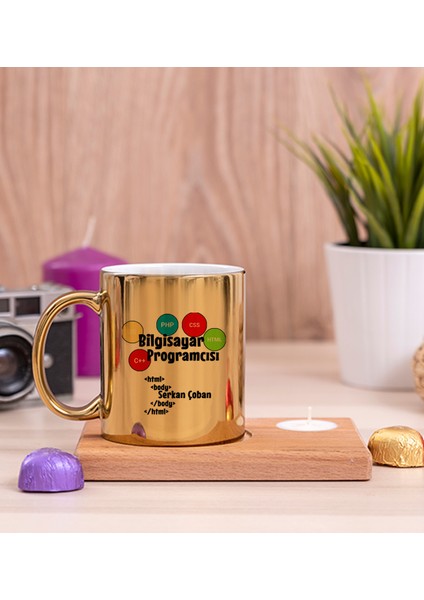 Kişiye Özel Bilgisayar Programcısı Ahşap Altlıklı Mumlu Gold Kupa Bardak