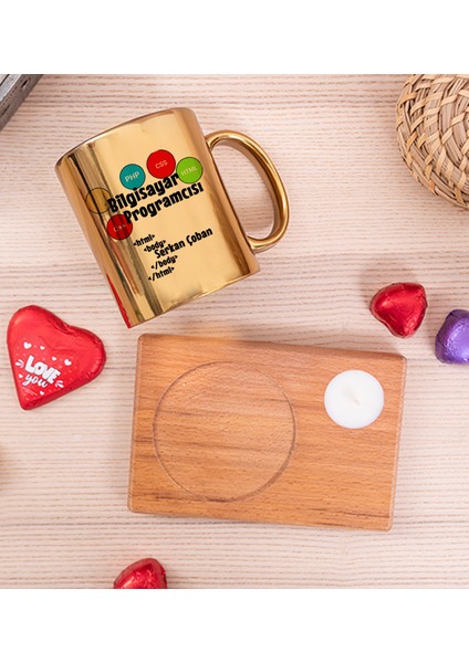 Kişiye Özel Bilgisayar Programcısı Ahşap Altlıklı Mumlu Gold Kupa Bardak fiyatları