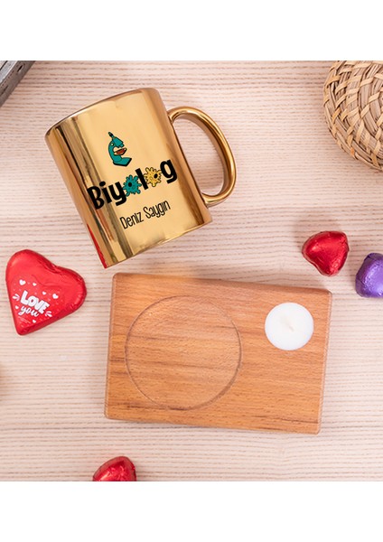 Kişiye Özel Biyolog Ahşap Altlıklı Mumlu Gold Kupa Bardak fiyatları