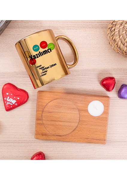 Kişiye Özel Yazılımcı Ahşap Altlıklı Mumlu Gold Kupa Bardak fiyatları