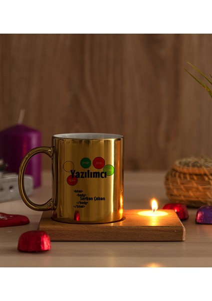Kişiye Özel Yazılımcı Ahşap Altlıklı Mumlu Gold Kupa Bardak modelleri