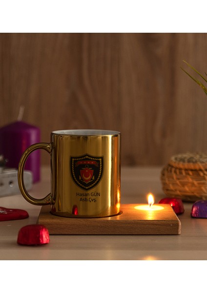 Kişiye Özel Deniz Kuvvetleri Ahşap Altlıklı Mumlu Gold Kupa Bardak modelleri