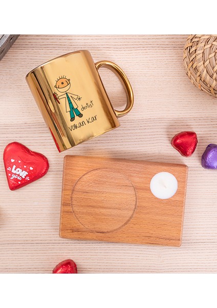 Kişiye Özel Erkek Diş Hekimi Karikatürü Ahşap Altlıklı Mumlu Gold Kupa Bardak fiyatları