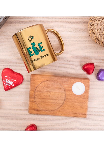 Kişiye Özel Ebe Ahşap Altlıklı Mumlu Gold Kupa Bardak fiyatları