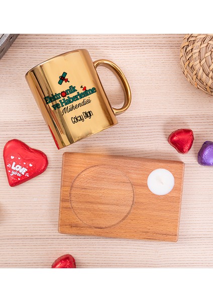 Kişiye Özel Elektronik Haberleşme Mühendisi Ahşap Altlıklı Mumlu Gold Kupa Bardak fiyatları