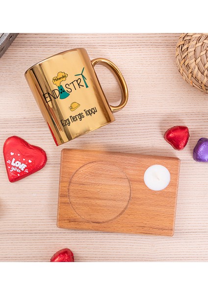 Kişiye Özel Endüstri Mühendisi Ahşap Altlıklı Mumlu Gold Kupa Bardak fiyatları