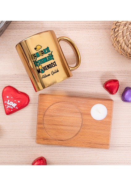 Kişiye Özel Enerji Sistemleri Mühendisi Ahşap Altlıklı Mumlu Gold Kupa Bardak fiyatları