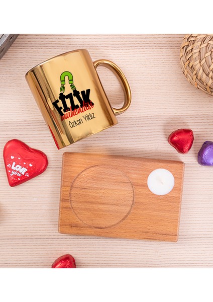 Kişiye Özel Fizik Mühendisi Ahşap Altlıklı Mumlu Gold Kupa Bardak fiyatları