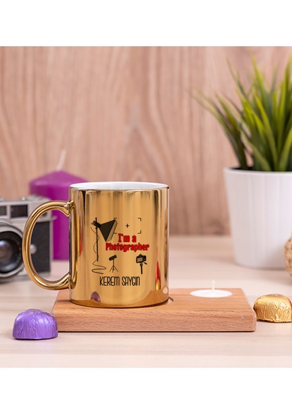 Kişiye Özel Fotoğrafçı Ahşap Altlıklı Mumlu Gold Kupa Bardak