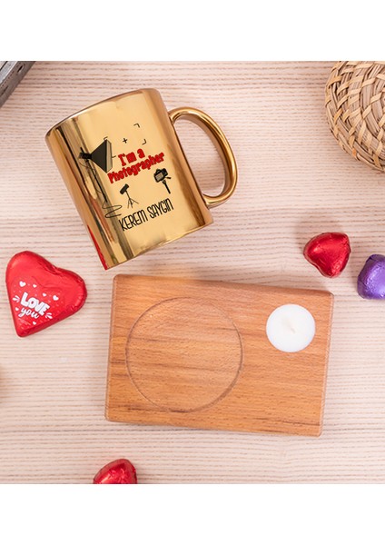 Kişiye Özel Fotoğrafçı Ahşap Altlıklı Mumlu Gold Kupa Bardak fiyatları