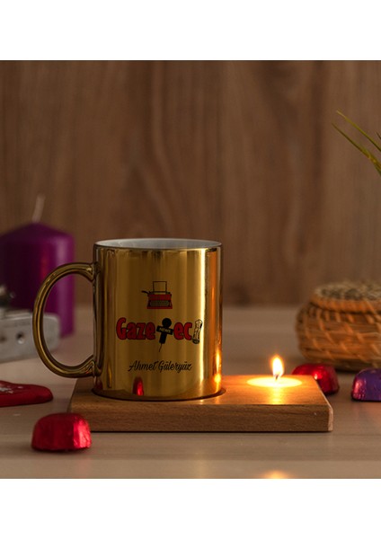 Kişiye Özel Gazeteci Ahşap Altlıklı Mumlu Gold Kupa Bardak modelleri