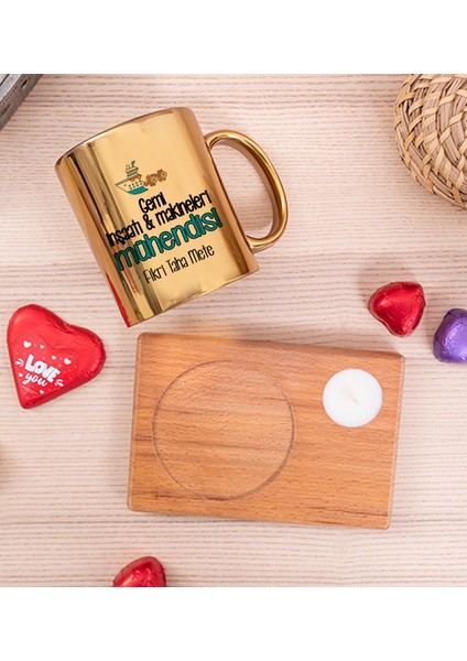 Kişiye Özel Gemi İnşaatı ve Mühendisi Ahşap Altlıklı Mumlu Gold Kupa Bardak fiyatları