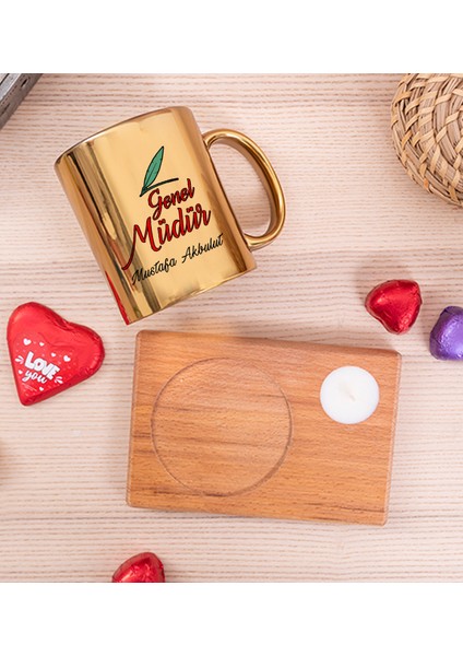 Kişiye Özel Genel Müdür Ahşap Altlıklı Mumlu Gold Kupa Bardak fiyatları