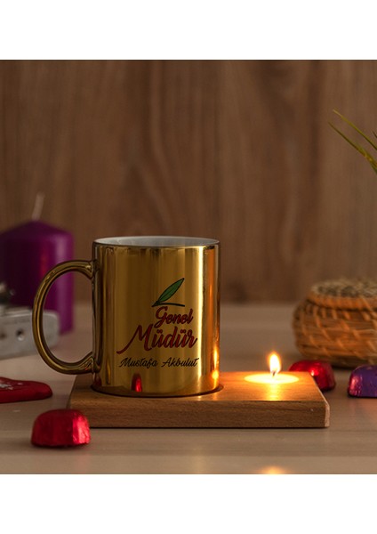 Kişiye Özel Genel Müdür Ahşap Altlıklı Mumlu Gold Kupa Bardak modelleri