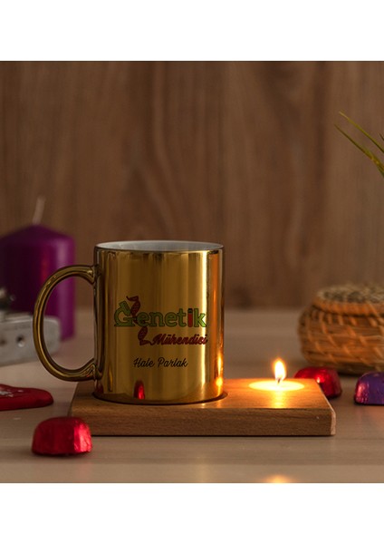 Kişiye Özel Genetik Mühendisi Ahşap Altlıklı Mumlu Gold Kupa Bardak modelleri