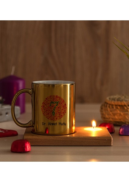 Kişiye Özel Göz Doktoru Ahşap Altlıklı Mumlu Gold Kupa Bardak modelleri