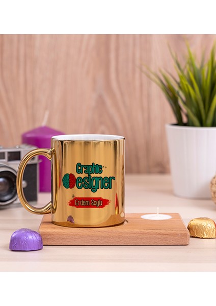 Kişiye Özel Grafiker Ahşap Altlıklı Mumlu Gold Kupa Bardak