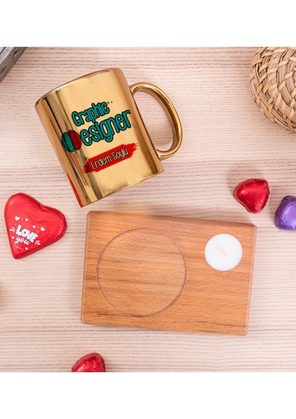 Kişiye Özel Grafiker Ahşap Altlıklı Mumlu Gold Kupa Bardak fiyatları