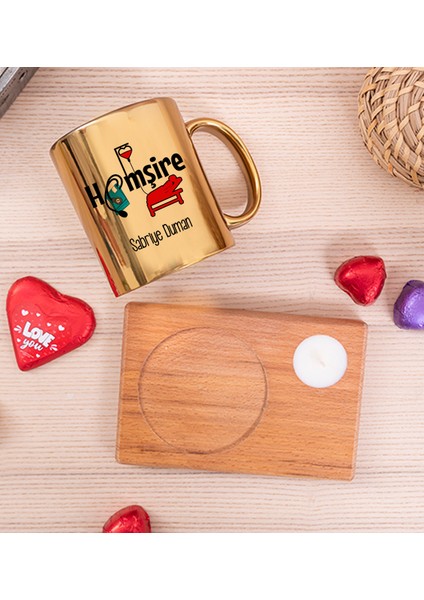 Kişiye Özel Hemşire Ahşap Altlıklı Mumlu Gold Kupa Bardak fiyatları