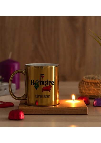 Kişiye Özel Hemşire Ahşap Altlıklı Mumlu Gold Kupa Bardak modelleri