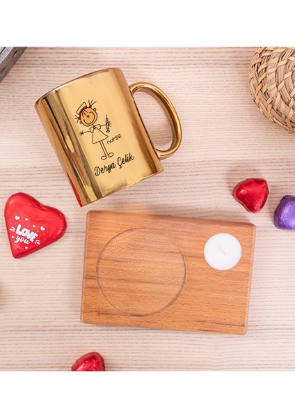 Kişiye Özel Hemşire Karikatürü Ahşap Altlıklı Mumlu Gold Kupa Bardak fiyatları