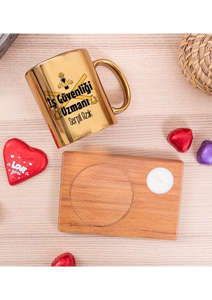 Kişiye Özel İş Güvenliği Uzmanı Ahşap Altlıklı Mumlu Gold Kupa Bardak fiyatları