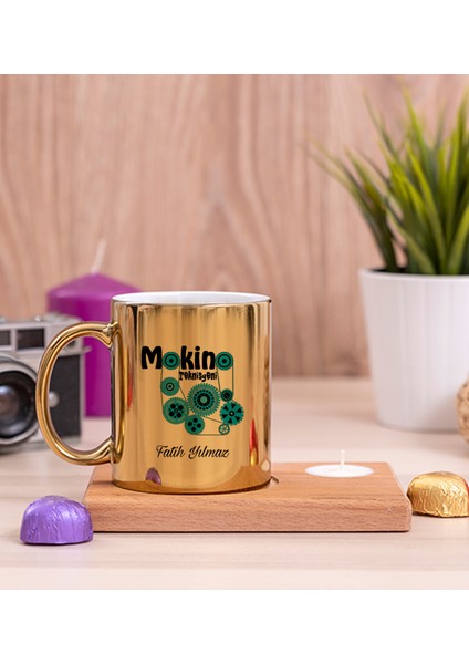 Kişiye Özel Makine Teknisyeni Ahşap Altlıklı Mumlu Gold Kupa Bardak