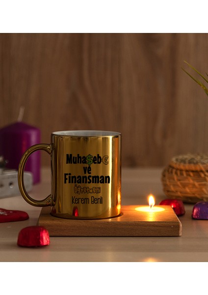 Kişiye Özel Muhasebe ve Finansman Öğretmeni Ahşap Altlıklı Mumlu Gold Kupa Bardak modelleri