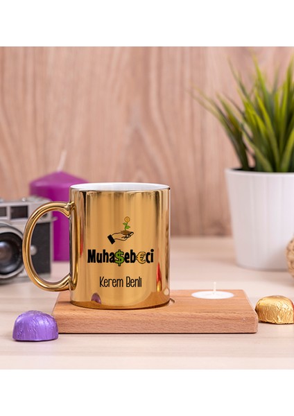 Kişiye Özel Muhasebeci Ahşap Altlıklı Mumlu Gold Kupa Bardak