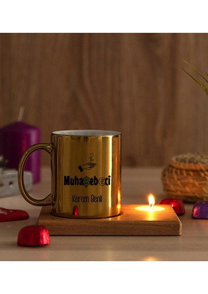 Kişiye Özel Muhasebeci Ahşap Altlıklı Mumlu Gold Kupa Bardak modelleri