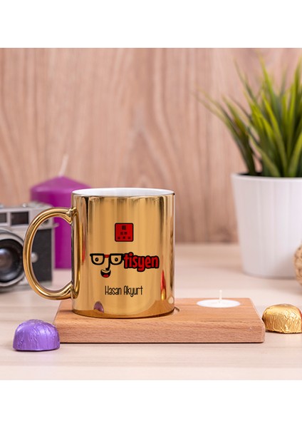 Kişiye Özel Optisyen Ahşap Altlıklı Mumlu Gold Kupa Bardak