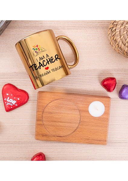 Kişiye Özel Öğretmen Ahşap Altlıklı Mumlu Gold Kupa Bardak fiyatları