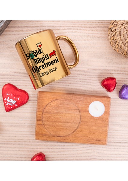 Kişiye Özel Sağlık Bilgisi Öğretmeni Ahşap Altlıklı Mumlu Gold Kupa Bardak fiyatları