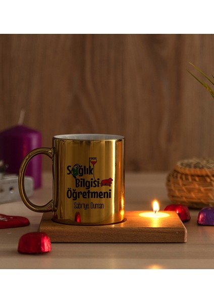 Kişiye Özel Sağlık Bilgisi Öğretmeni Ahşap Altlıklı Mumlu Gold Kupa Bardak modelleri