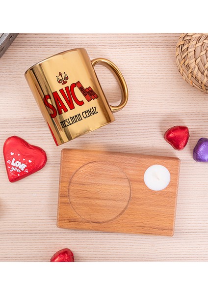 Kişiye Özel Savcı Ahşap Altlıklı Mumlu Gold Kupa Bardak fiyatları