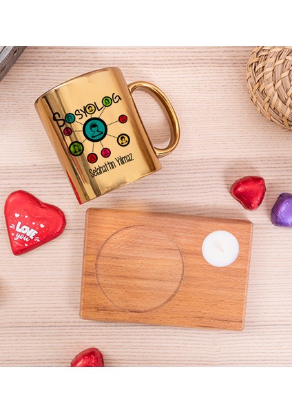 Kişiye Özel Sosyolog Ahşap Altlıklı Mumlu Gold Kupa Bardak fiyatları