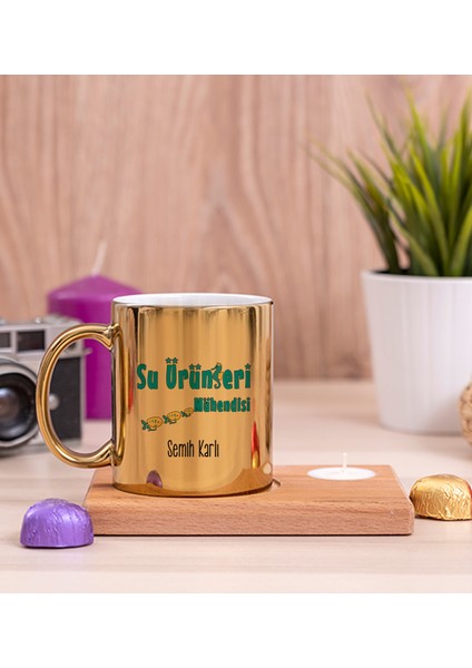 Kişiye Özel Su Ürünleri Mühendisi Ahşap Altlıklı Mumlu Gold Kupa Bardak
