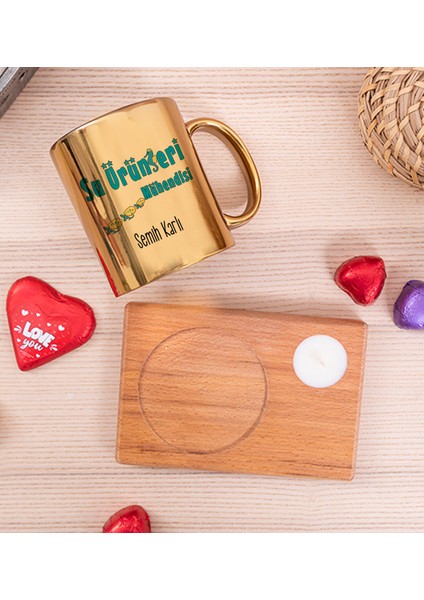 Kişiye Özel Su Ürünleri Mühendisi Ahşap Altlıklı Mumlu Gold Kupa Bardak fiyatları