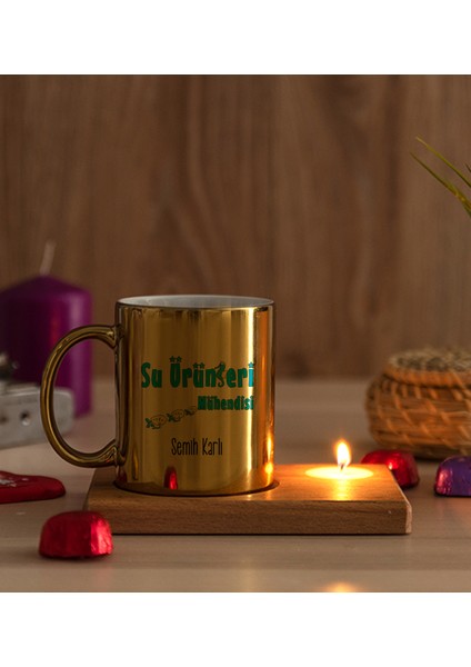 Kişiye Özel Su Ürünleri Mühendisi Ahşap Altlıklı Mumlu Gold Kupa Bardak modelleri