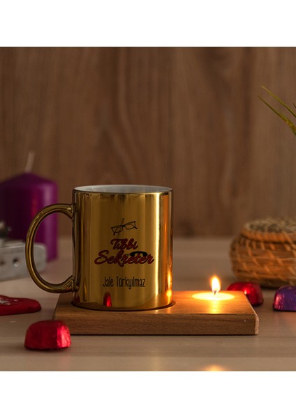 Kişiye Özel Tıbbi Sekreter Ahşap Altlıklı Mumlu Gold Kupa Bardak modelleri