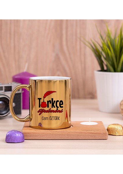 Kişiye Özel Türkçe Öğretmeni Ahşap Altlıklı Mumlu Gold Kupa Bardak