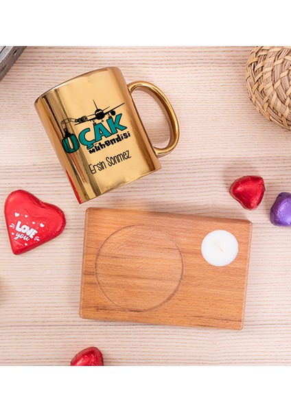 Kişiye Özel Uçak Mühendisi Ahşap Altlıklı Mumlu Gold Kupa Bardak fiyatları