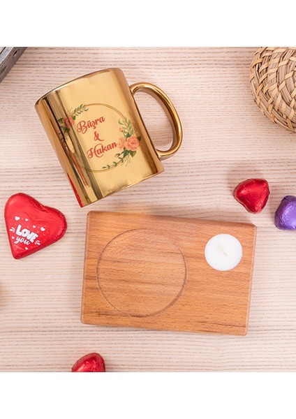 Kişiye Özel İki İsimli Çifltere Özel Ahşap Altlıklı Mumlu Gold Kupa Bardak fiyatları