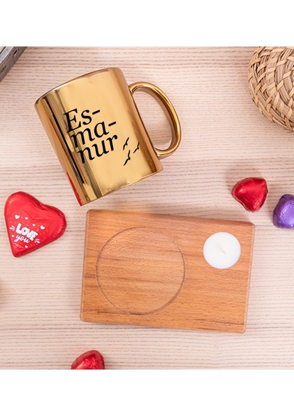 Kişiye Özel İsme Özel Heceli Ahşap Altlıklı Mumlu Gold Kupa Bardak fiyatları