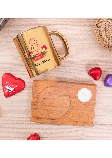 Kişiye Özel Kadınlar Günü Hediyesi Ahşap Altlıklı Mumlu Gold Kupa Bardak fiyatları