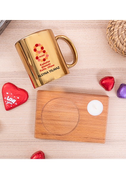 Kişiye Özel Kadınlar Günü Hediyesi Ahşap Altlıklı Mumlu Gold Kupa Bardak fiyatları