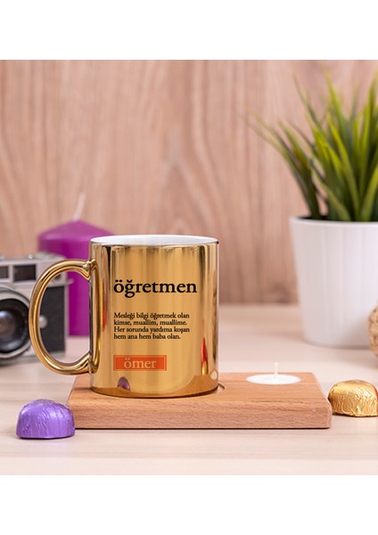 Kişiye Özel Öğretmen Kelime Anlamı Ahşap Altlıklı Mumlu Gold Kupa Bardak