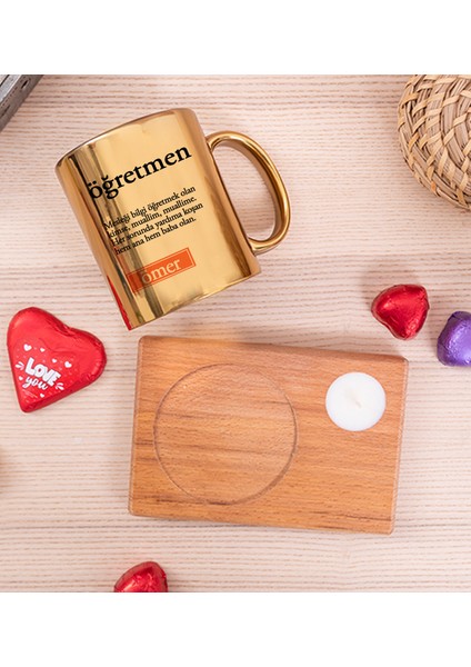 Kişiye Özel Öğretmen Kelime Anlamı Ahşap Altlıklı Mumlu Gold Kupa Bardak fiyatları